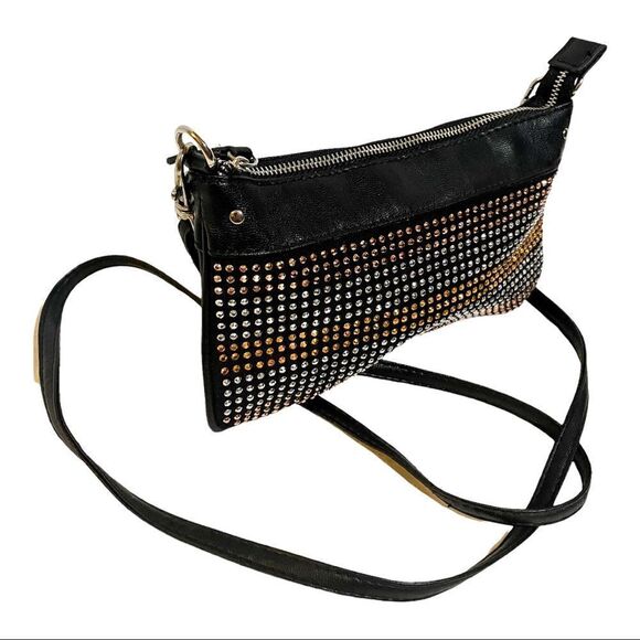 Steve Madden Crossbody Mini Wristlet Bag Silver Gold Black Faux Leather - Picture 3 of 8